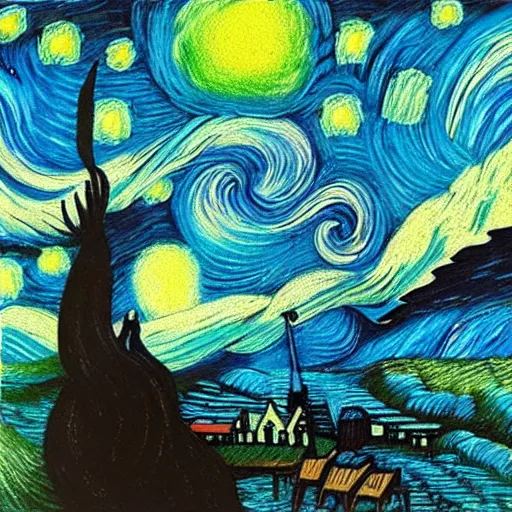 Prompt: starry nights, in the style of vincent van gogh and zdzisław beksinski, surrealist interpretation