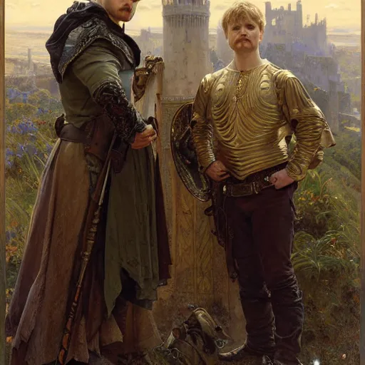 Prompt: bradley james as arthur pendragon and colin morgan as merlin. focus on their faces. highly detailed painting by gaston bussiere, craig mullins, j. c. leyendecker, alphonse mucha, greg rutkowski, 8 k