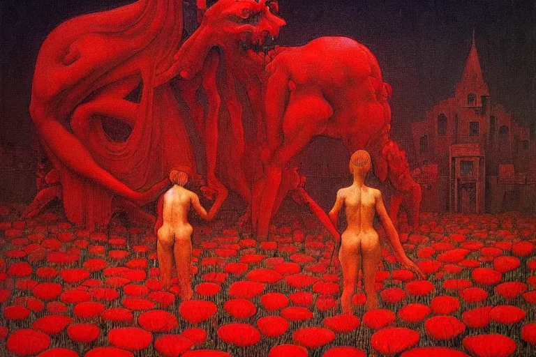 Image similar to only with red, red flowers of different types, a red tiger, a castle in the background, medieval demons dance over the flowers, an ancient path, in the style of beksinski, part by hopper, part by rodcenko, part by hofbauer, intricate composition, red by caravaggio, insanely quality, highly detailed, masterpiece, red light, artstation