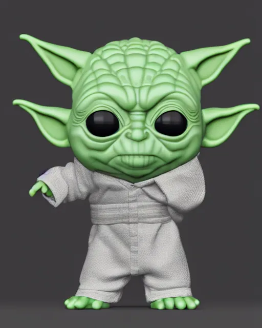 Prompt: full body 3d render of funko pop baby yoda as a funko pop, studio lighting, white background, blender, trending on artstation, 8k, highly detailed