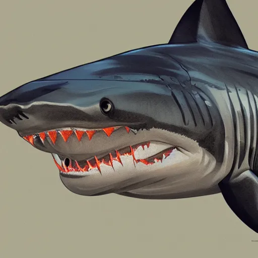 Image similar to great white shark, side view, with a conical orange traffic cone on its dorsal fin - ron cheng & alphonse mucha, highly detailed, digital painting, ray tracing, concept art, illustration, smooth sharp focus, intricate, symmetry, artstation,