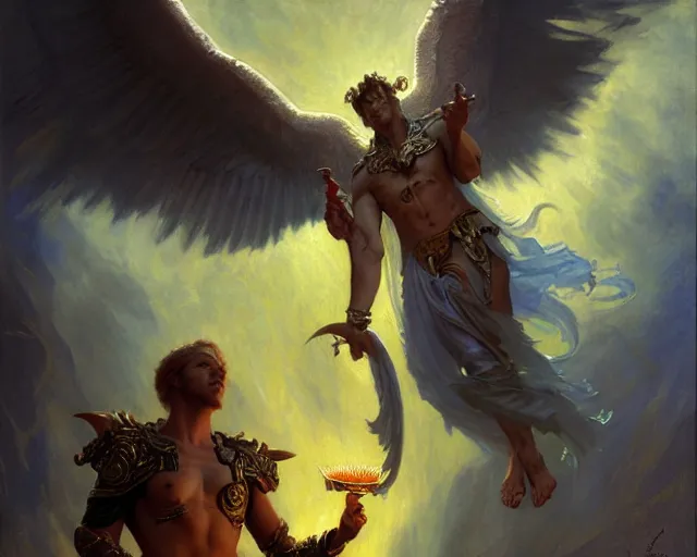 Image similar to attractive male deity, casting demonic magic, summoning handsome lucifer morning star. highly detailed painting by gaston bussiere, craig mullins, j. c. leyendecker 8 k