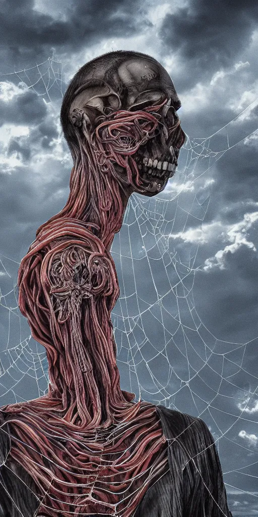 Prompt: a photorealistic giant skull wrapped in intestines, swarming with insects, in a giant spiderweb, ominous stormclouds, heavy rain and lightning, guro art, body horror, art by Shintaro Kago, 4K, cinematic, surreal LUT, epic lighting, photography, UHD, HDR