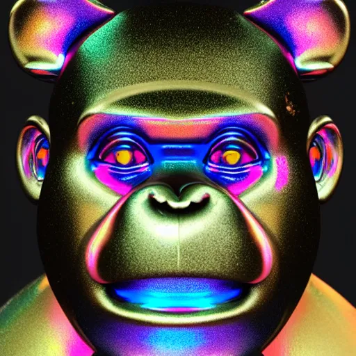 Prompt: 3d render of holographic chimpanzee robotic head made of glossy iridescent, surrealistic 3d illustration of a chimpanzee face non-binary, non binary model, 3d model ape, cryengine, made of holographic texture, holographic material, holographic rainbow, concept of cyborg and artificial intelligence