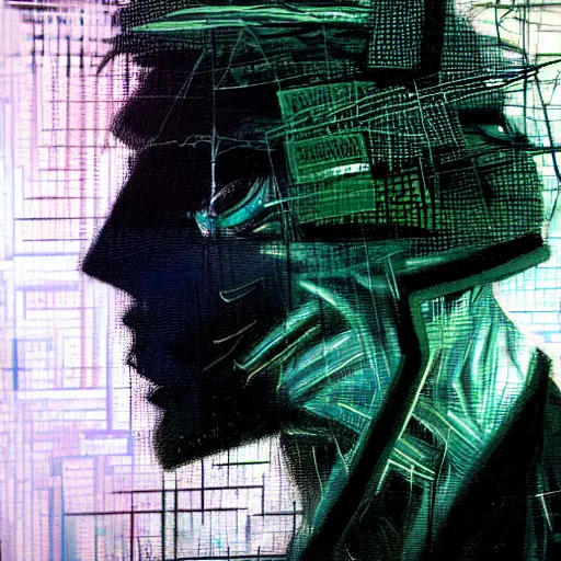 Image similar to hyperrealistic portrait of a cyberpunk man, teenager, long hair, immersed within a network, glitch eyes, by Guy Denning, Johannes Itten, Derek Gores, Russ Mills, glitch art, smooth lines, fine detail, polished, complex, hacking effects, holographic, digital tech effects, green, color blocking!, realistic, acrylic on canvas, concept art, abstract!, symmetrical, 8k, concept art, octane, photorealistic, cgsociety, trending on artstation