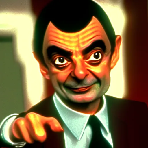 Image similar to mr. bean as one of charlies angels. movie still. cinematic lighting.