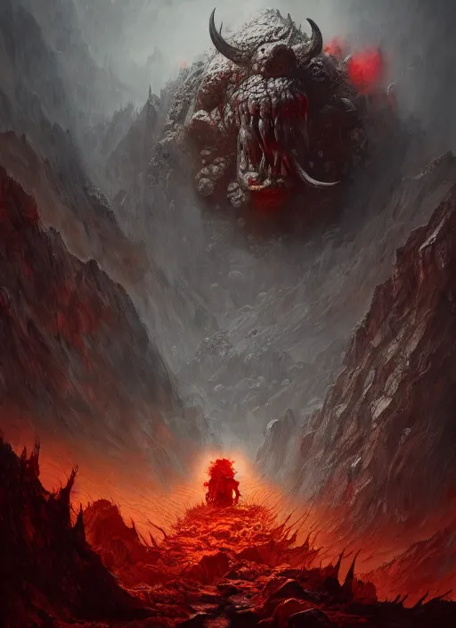 Image similar to a monster in the mountains of hell, oil painting by tomasz jedruszek, cinematic lighting, pen and ink, intricate line, hd, 4 k, million of likes, trending on artstation