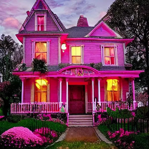 Image similar to Pink Palace, Coraline, Victorian house, at night, glowing flowers, cinematic lighting, norman rockwell style,