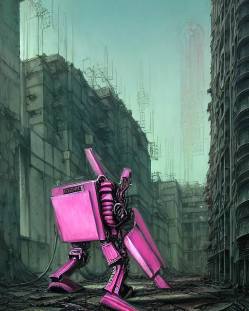 Image similar to hyperrealistic hyperdetailed punk mecha iridescent pink coming out of dystopian city ruins concept art santiago caruso de chirico sharp very dramatic green light 8k low angle shallow depth of field