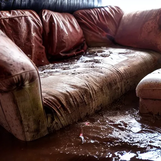 Prompt: old couches in a family room flooded with muddy water