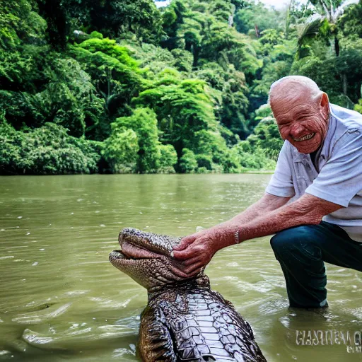 Image similar to elderly man feeding a crocodile, smiling, happy, crocodile, jungle, canon eos r 3, f / 1. 4, iso 2 0 0, 1 / 1 6 0 s, 8 k, raw, unedited, symmetrical balance, wide angle