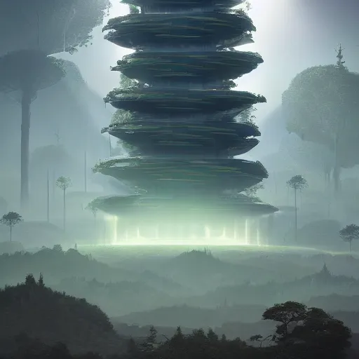 Prompt: futuristic temple tower between green hills with big trees, multiple planets, dramatic lighting, artstation, matte painting, raphael lacoste, simon stalenhag, frank lloyd wright