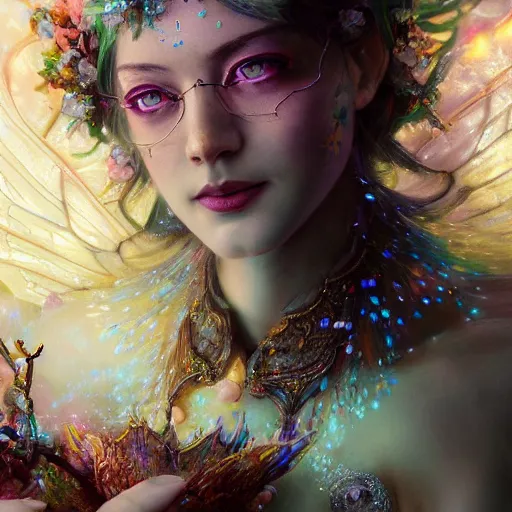 Prompt: face closeup of magical fairy flowers and ice velvet, 1 1 1 1, diamonds, angels, 3 d render, hyper - realistic detailed portrait, holding fire and electricity rainbow, ruan jia, wlop. scifi, fantasy, magic the gathering, hyper detailed, octane render, concept art, peter mohrbacher c 2 0