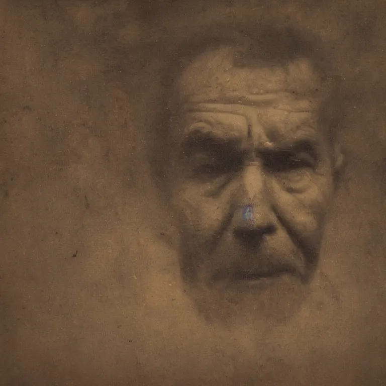 Image similar to tinted Antique tintype of Beautiful warmly lit close up expressionistic studio portrait of very angry! My father with his long eyebrows and perfectly straight nose singing angrily!, impasto oil painting heavy brushstrokes by Cy Twombly and Anselm Kiefer , trending on artstation dramatic lighting abstract Expressionism