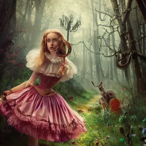 Image similar to Alice in Wonderland, Alice, victorian dress, Alice staring into the distance, surreal forest, painted by seb mckinnon, high detail, digital art, trending on artstation