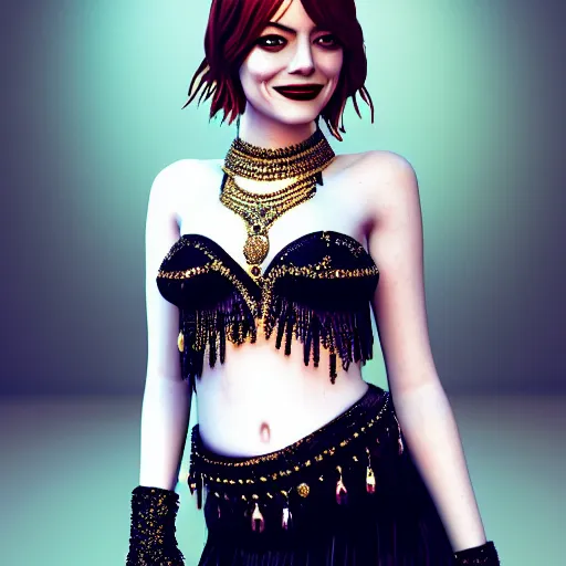 Image similar to a close up portrait of emma stone, she is dressed as a belly dancer,, arabian night, in focus sharp face with fine details, wearing black gloves, volumetric lightening, octane render, high quality, fully detailed, 4 k, alphonse mucha, masterpiece, stunning