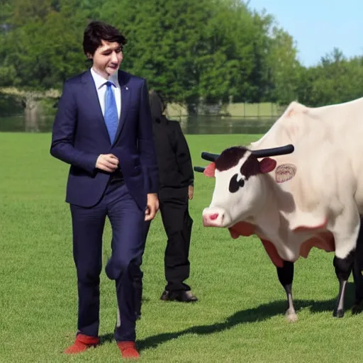 Image similar to justin trudeau. he is an animated cow patty. world leaders meeting,