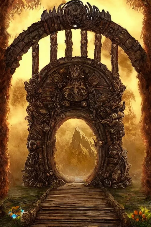 Image similar to A giant medieval fantasy energy portal gate with a rusty gold carved lion face with blue glowing eyes at the center of the gate, the portal takes you to another world, full of colorful flowers on the lost Vibes and mountains in the background, spring, delicate fog, sea breeze rises in the air, by andreas rocha and john howe, and Martin Johnson Heade, featured on artstation, featured on behance, golden ratio, ultrawide angle, f32, well composed, rule of thirds, center spotlight, low angle view