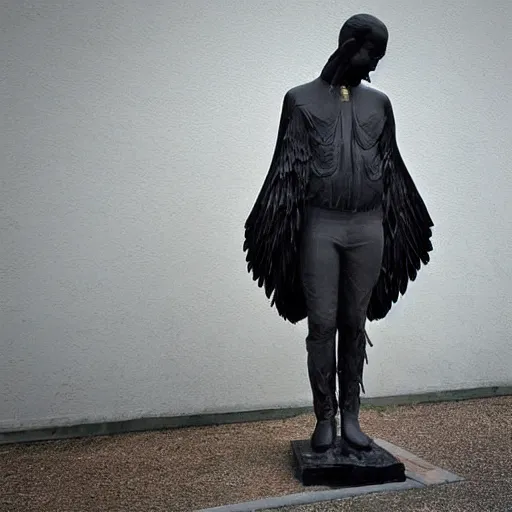 Prompt: a man dressed in black with large black wings, a statue by kubisi art, trending on cgsociety, kintsugi, angelic photograph, national geographic photo, made of feathers