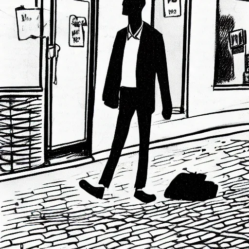 Image similar to a person in a suit with his head out of the shot walking by a homeless man begging for food, new york, pencil illustration, detailed, black and white