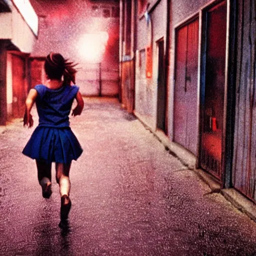 Image similar to 1990s perfect 8K HD professional cinematic photo of close-up japanese schoolgirl running in dystopian alleyway with neon signs, at evening during rain, at instagram, Behance, Adobe Lightroom, with instagram filters, depth of field, taken with polaroid kodak portra