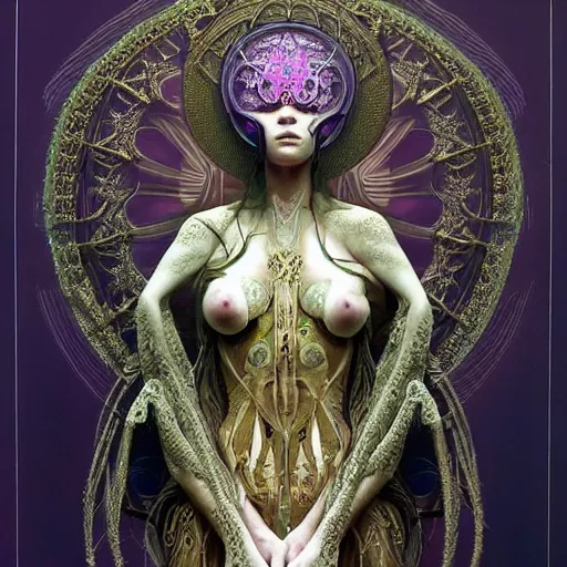 Image similar to cyberpunk art nouveau high priestess by alexander mcqueen, zdzisław beksinski and alphonse mucha. highly detailed, hyper - real, very beautiful, intricate fractal details, very complex, opulent, epic, mysterious, trending on deviantart and artstation