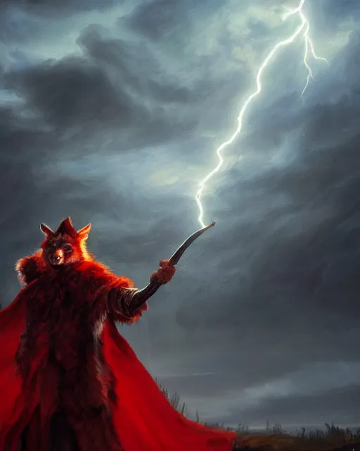 Prompt: oil painting of Anthropomorphized Wolf Shaman holding long magical lightning staff, wearing red fur cloak, sharp focus, lightning storm background, magical aura, heroic pose, fantasy style, octane render, volumetric lighting, 8k high definition, by greg rutkowski, highly detailed, trending on art Station, magic the gathering artwork, Lightning storm background, centered, dramatic artwork