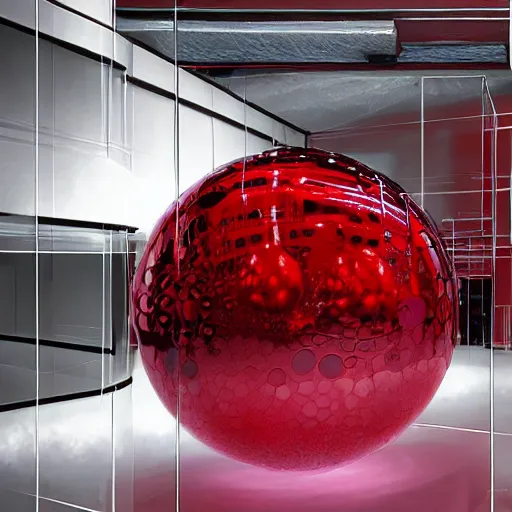 Prompt: chrome spheres on a red cube by akira yokoyama