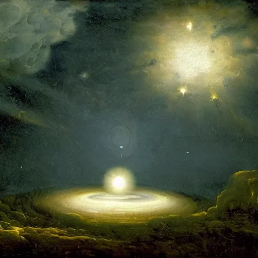 Image similar to by jacob van ruisdael funereal. a beautiful land art of a black hole consuming a star.