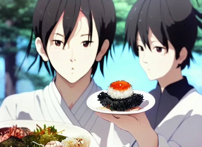 Image similar to a film still portrait of a plate with japanese food onigiri, finely detailed features, closeup at the food, perfect art, at a dinner table, gapmoe yandere grimdark, trending on pixiv fanbox, painted by greg rutkowski makoto shinkai takashi takeuchi studio ghibli, akihiko yoshida