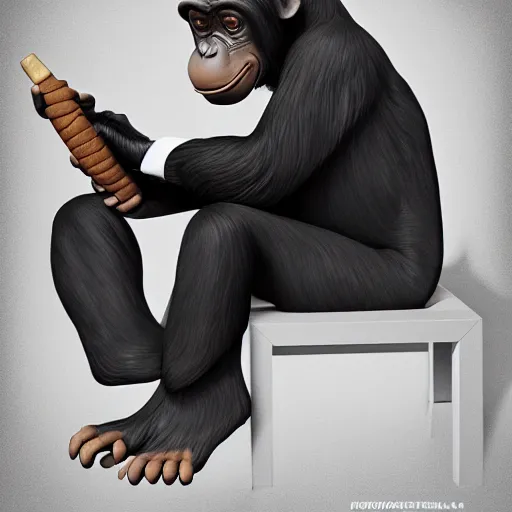 Image similar to a high detail shot of a chimp wearing a suit, smoking a cigar, render, cgsociety, photorealism