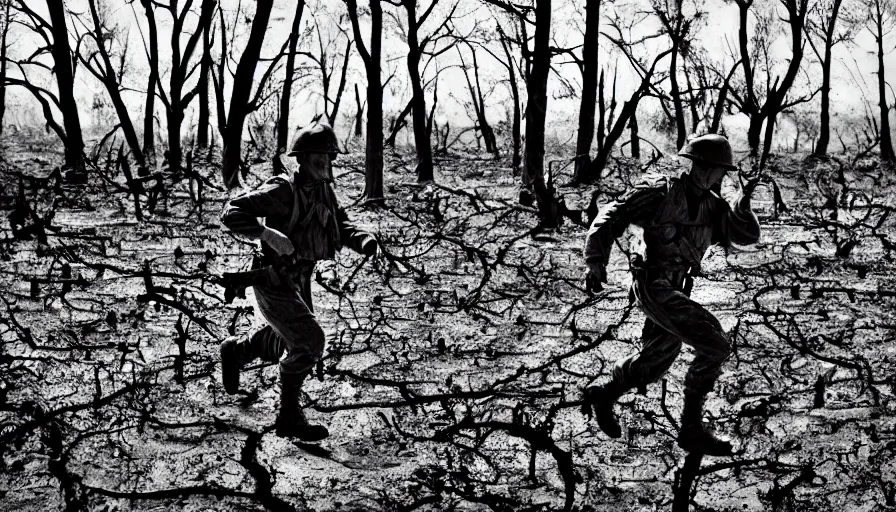 Prompt: screaming World War 1 soldier running across No Mans Land, wartorn landscape, lots of mud puddles and craters, burnt and broken trees, dirty lens, cinematic lighting, IMAX cinematography, 35mm