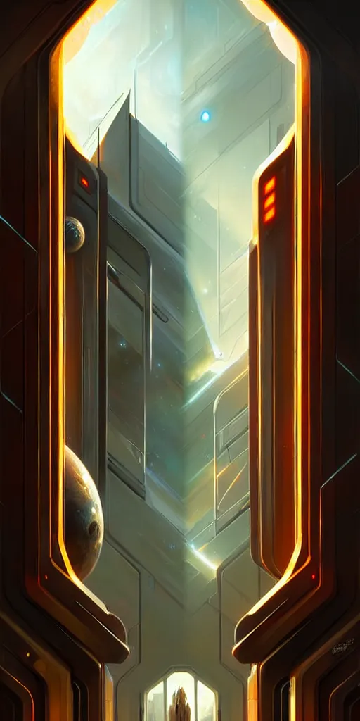 Prompt: hyper realistic art - deco sci - fi double door by jordan grimmer, darek zabrocki