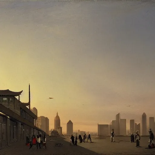 Prompt: a small rooftop with a couple of modern teenagers, standing and talking to each other, wearing black modern clothes, modern shanghai bund is on the background, sunset, by asher brown durand