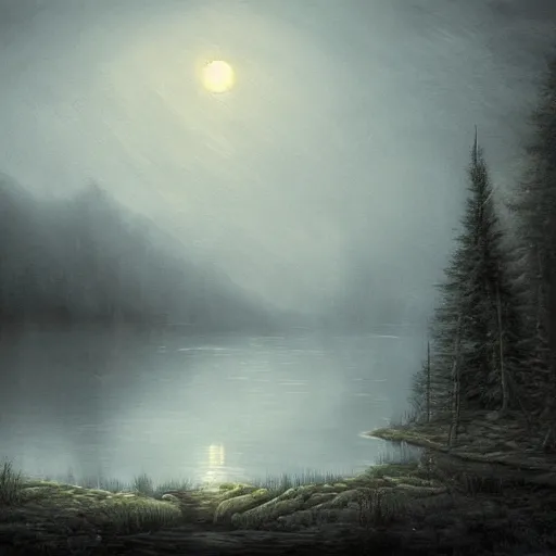 Prompt: an ultra detailed painting of a dark and mysterious misty lake at night, far away behind it is a single cliff with a dark castle on top of it with a few windows lit, dark forests surrounding, twilight, highly detailed, fantasy, realistic, concept art, dark fantasy, haunting scenery, looming trees