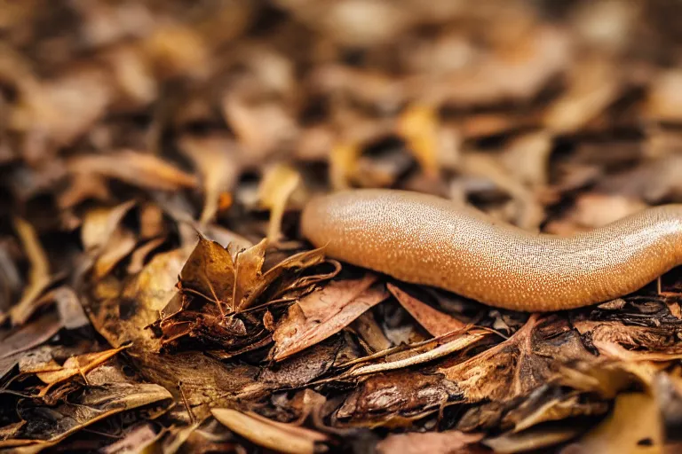 Prompt: a slug slithering on dead leaves in a forest, canon eos r 3, f / 1. 4, iso 2 0 0, 1 / 1 6 0 s, 8 k, raw, unedited, symmetrical balance, in - frame,