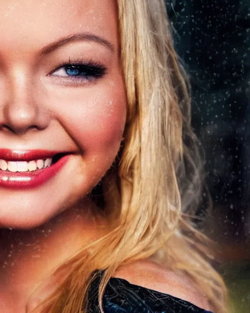 Prompt: closeup portrait gorgeous bree olson, long blonde hair and big eyes, beautiful smile, finely detailed perfect face, standing on the wet street at sunset, a movie directed by christopher nolan, movie still frame, promotional image, imax 7 0 mm footage