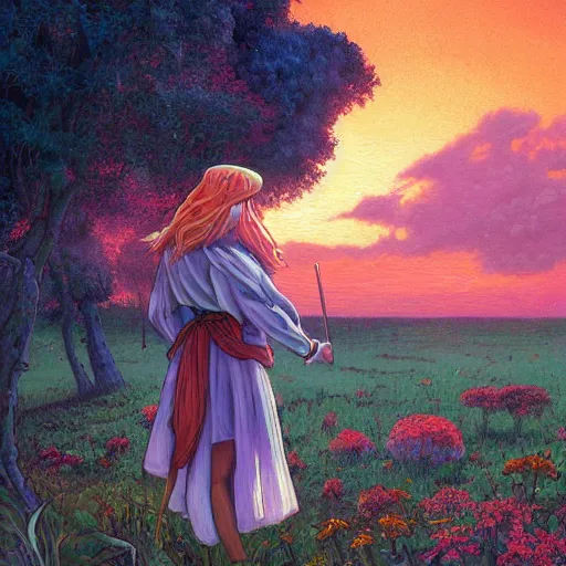 Prompt: Classical oil painting of Elsa Beskow at sunset by Dan Mumford, beautiful anime portrait, official artwork, stylistic, Touhou character, brush strokes, oil, canvas