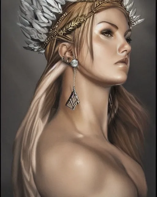 Image similar to realism tattoo sketch of elisha cuthbert as a beautiful greek goddess aphrodite with piercing eyes wearing a laurel wreath and triangle earrings, in the style of greg rutkowski, amazing detail