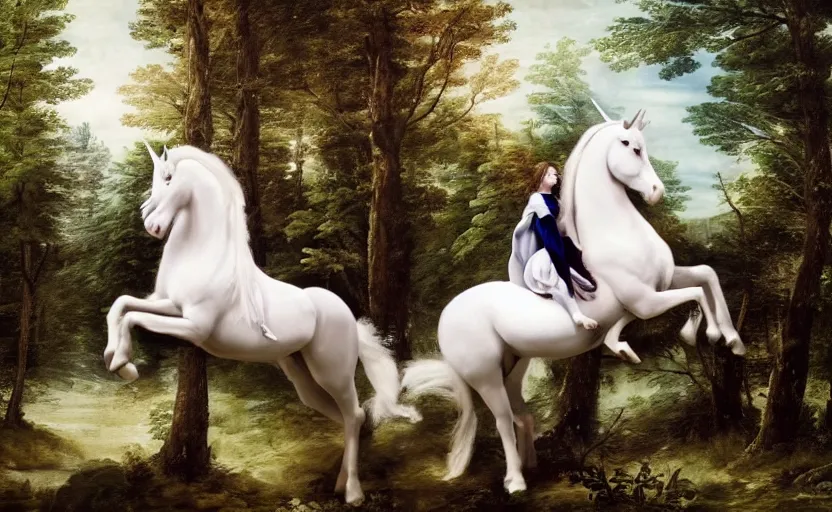 Prompt: adventurous princess riding a white unicorn, in a forest clearing, ultra realistic, photorealistic, portrait, renaissance painting