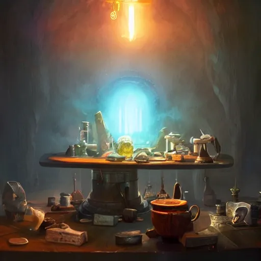 Image similar to hyper realistic, table, wizards laboratory, greg rutkowski, mortar, pestle, balance with glowing powder, energy flowing, magic book, beakers of colored liquid, tony sart