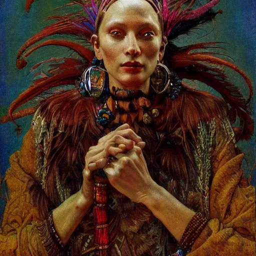 Prompt: baroque portrait of an art deco shaman, reflective detailed textures, highly detailed fantasy science fiction painting by annie swynnerton and jean delville and moebius, norman rockwell and frank frazetta. rich colors, high contrast. artstation