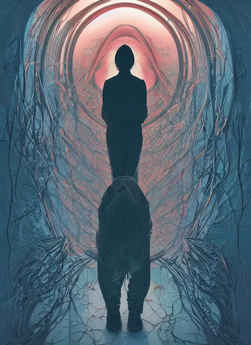 Prompt: poster artwork by Michael Whelan and Tomer Hanuka, Karol Bak of Build-ups to drastic shock, hidden beautifully in the shadows, such naturistic divine encircling all of the suspense and psychological terror., from scene from Twin Peaks, clean, simple illustration, nostalgic, domestic, full of details