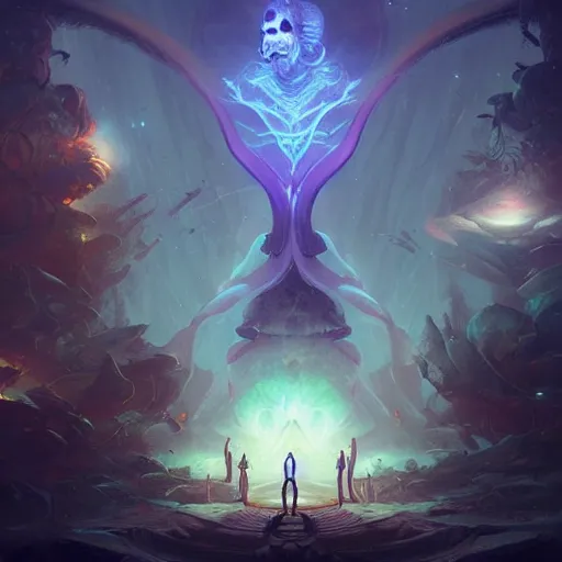 Image similar to leaving into enlightenment dimension through synthwave portal by peter mohrbacher and emmanuel shiu and martin johnson heade and bastien lecouffe - deharme