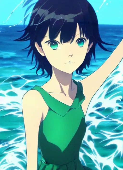 Prompt: makoto shinkai, ilya kuvshinov, beautiful anime women with green dress, long blue hair, water powers water swirling, symmetrical face, symmetrical eyes, detailed, beach setting, cinematic lighting