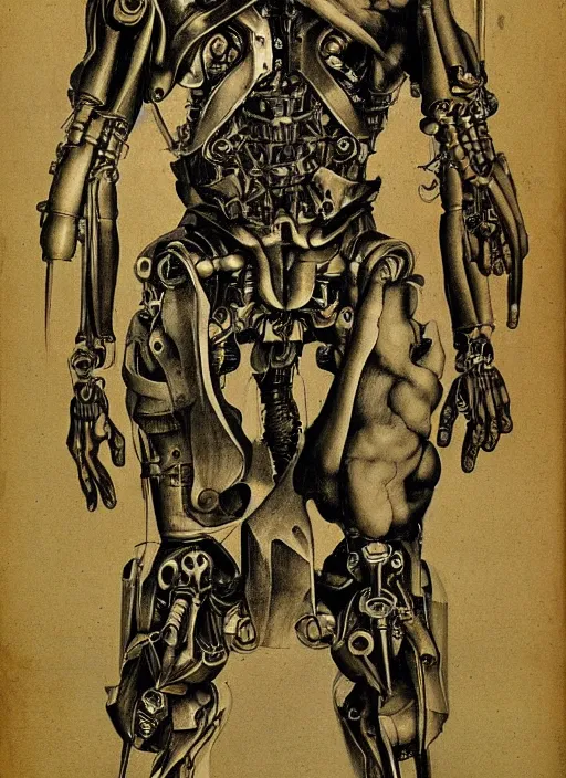 Prompt: cyborg cybernetic exoskeleton by Albrecht Dürer
