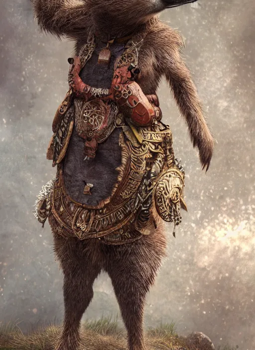 Image similar to detailed full body concept art illustration soft focus oil painting on canvas of an anthropomorphic capybara druid in full intricate clothing, biomutant, dystopian, micro detail, octane render, 4K