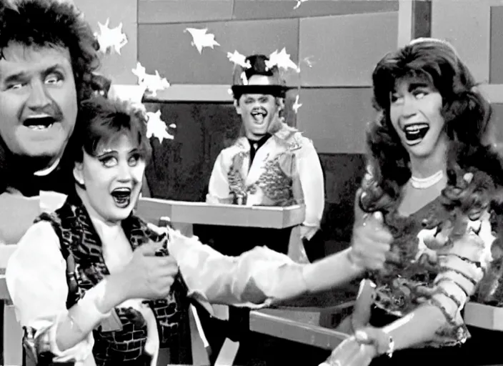 Image similar to a broadcast still of a 8 0 s game show and contestants playing crazy games