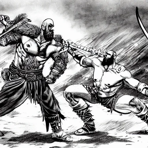 Image similar to god of war, kratos, fight scene still, manga, by kentaro miura