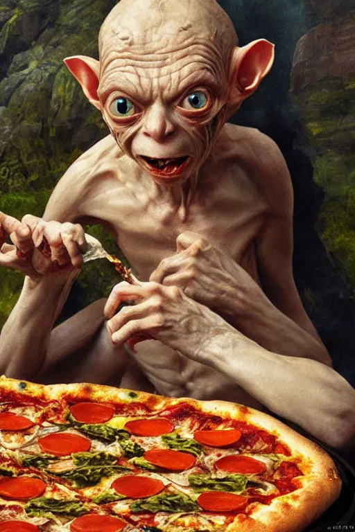 Image similar to gollum discovers pizza, oil on canvas, intricate, 8 k highly professionally detailed, hdr, cgsociety,